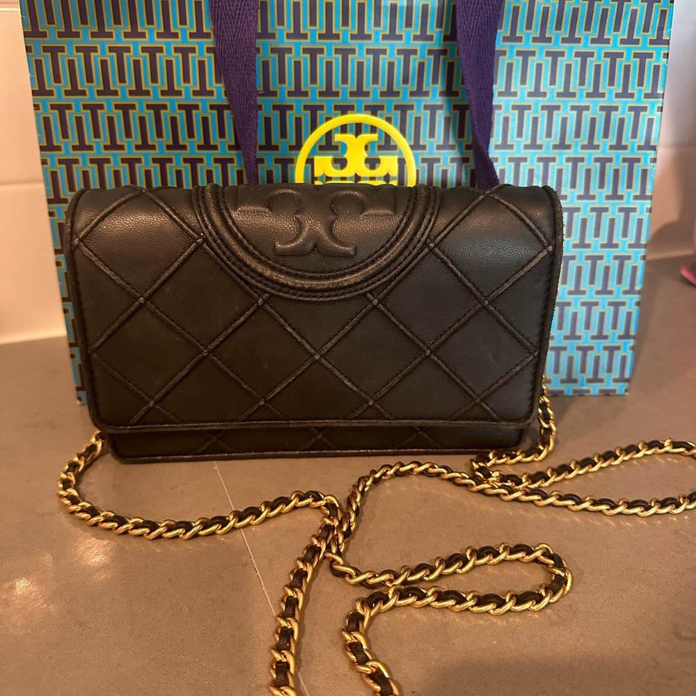 Tory Burch Fleming Soft Black and Gold Quilted Crossbody Bag